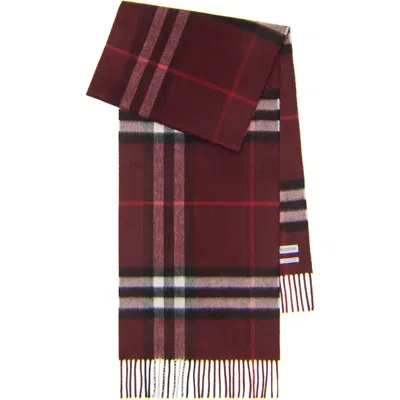 Burberry Check Patterned Cashmere Scarf Fringed Edges In Purple
