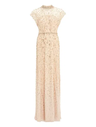 Jenny Packham Crystal Drop Embellished High-neck Maxi Dress In Neutral