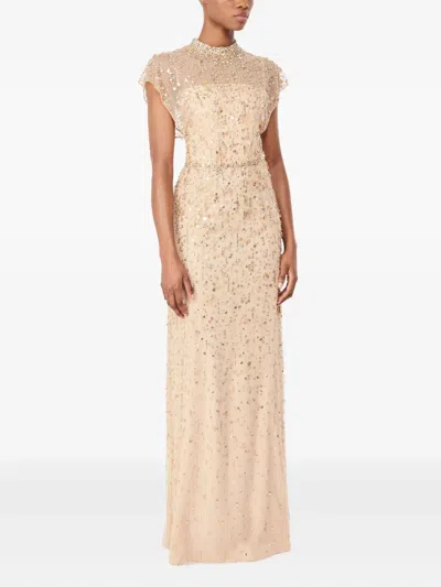 Jenny Packham Crystal Drop Embellished High-neck Maxi Dress In Neutral