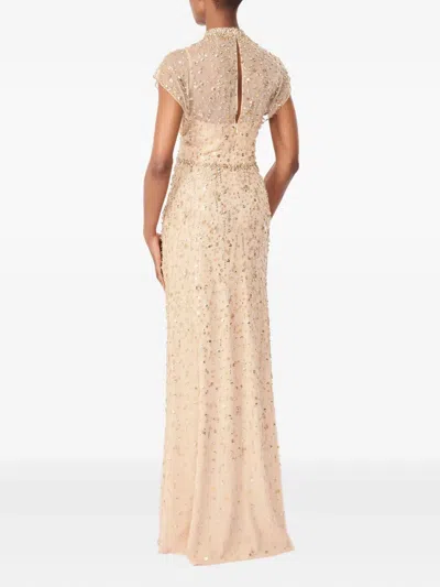 Jenny Packham Crystal Drop Embellished High-neck Maxi Dress In Neutral