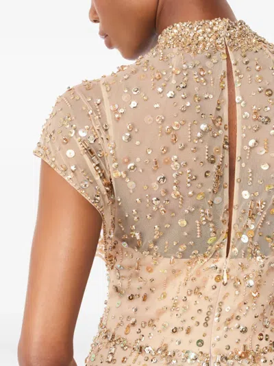 Jenny Packham Crystal Drop Embellished High-neck Maxi Dress In Neutral