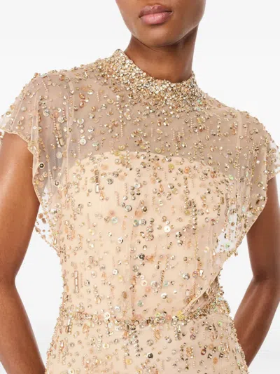 Jenny Packham Crystal Drop Embellished High-neck Maxi Dress In Neutral