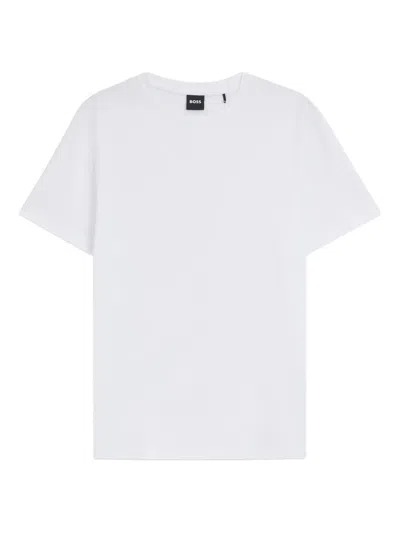 Hugo Boss Boss Mens White Crewneck Embroidered Branding Cotton-jersey T-shirt