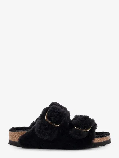 Birkenstock Arizona Shearling Slides With Large Buckle In Black