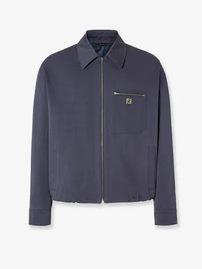 Fendi Men Cotton Jacket With Ff Detail In Blue