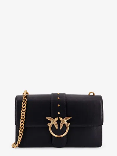 Pinko Love One Classic Black Crossbody Bag With Studded Strap And Love Birds Diamond Cut Plaque On The Fro