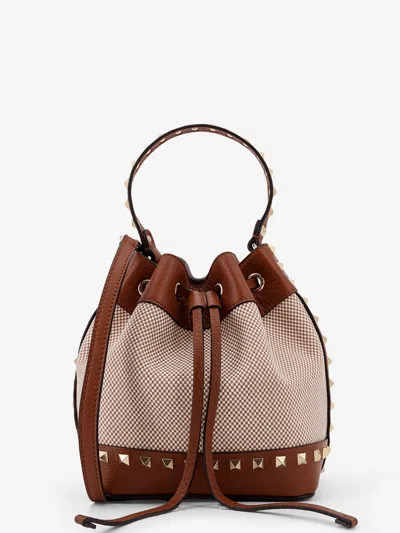 Valentino Garavani Rockstud Spike Canvas And Leather Shoulder Bag In Brown