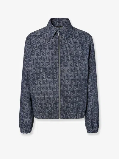 Fendi Embroidered Denim Bomber Jacket In Blue