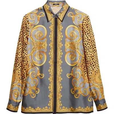 Versace Formal Cheetah Barocco Print Silk Button-up Shirt In Gold