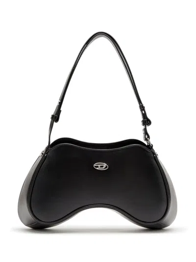 Diesel Curved Leather Handbag With Adjustable Strap In Black