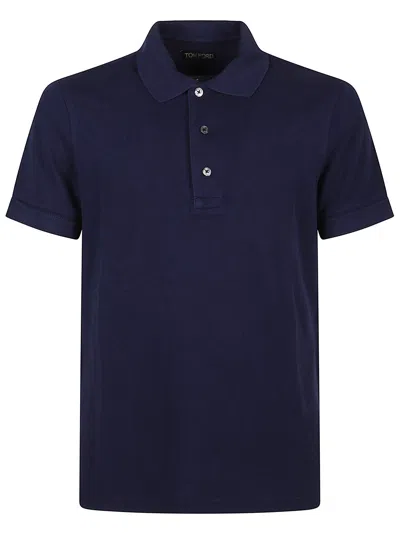 Tom Ford Textured Finish Navy Polo With Front Button Placket In Blue