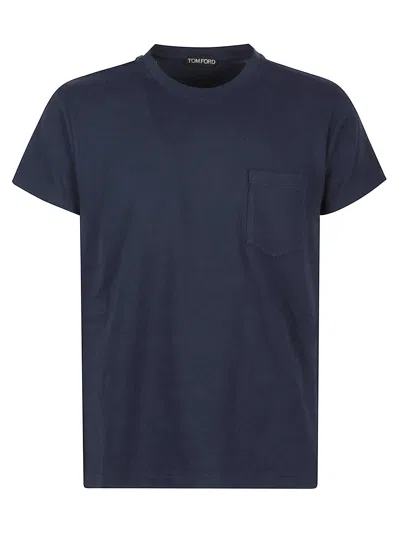 Tom Ford Indigo Blue Cotton T-shirt With Chest Pocket And Crew Neck