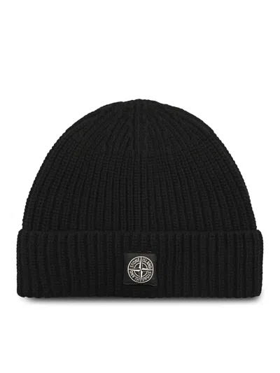 Stone Island Light Wool Knitted Beanie With Compass Patch Accessories In Black