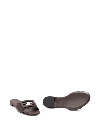 Fendi Flat Sole Open Toe Textured Strap Slides In Brown