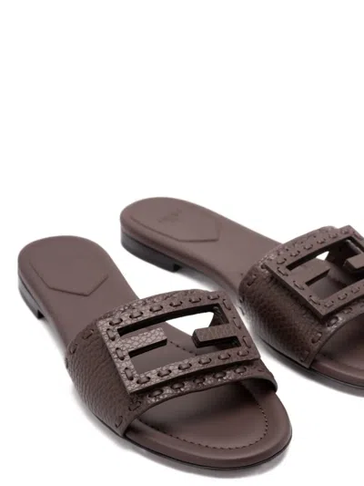 Fendi Flat Sole Open Toe Textured Strap Slides In Brown