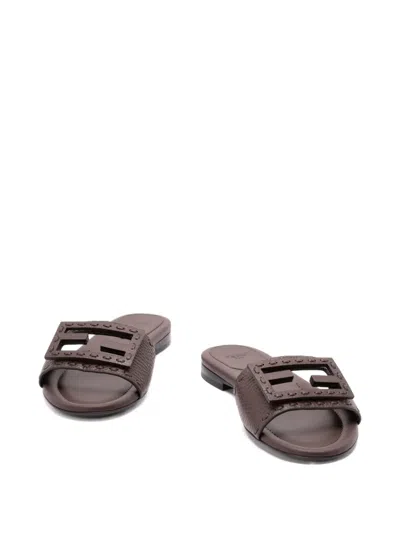 Fendi Flat Sole Open Toe Textured Strap Slides In Brown