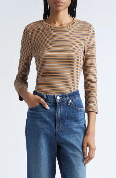 Veronica Beard Pruitt Stripe Three Quarter Sleeve Cotton T-shirt In Brown
