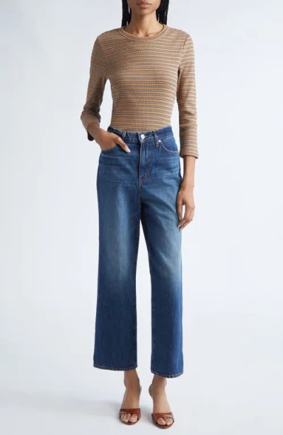 Veronica Beard Pruitt Stripe Three Quarter Sleeve Cotton T-shirt In Brown