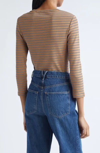 Veronica Beard Pruitt Stripe Three Quarter Sleeve Cotton T-shirt In Brown