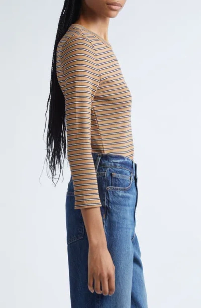 Veronica Beard Pruitt Stripe Three Quarter Sleeve Cotton T-shirt In Brown
