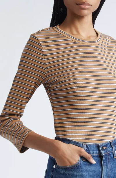 Veronica Beard Pruitt Stripe Three Quarter Sleeve Cotton T-shirt In Brown