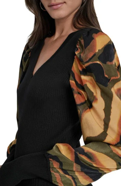 Dkny Women's V-neck Rib-knit Satin-long-sleeve In Black