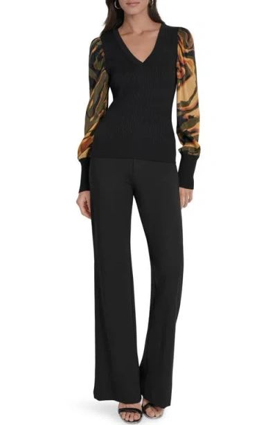 Dkny Women's V-neck Rib-knit Satin-long-sleeve In Black