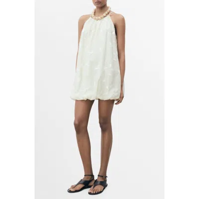 Mango Halter Neck Dress With Puff Hem And Flower Embroidery In White