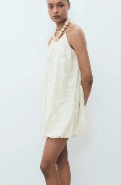 Mango Halter Neck Dress With Puff Hem And Flower Embroidery In White