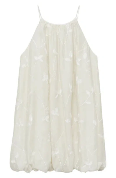 Mango Halter Neck Dress With Puff Hem And Flower Embroidery In White