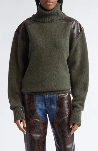 Stella Mccartney Snakeskin-embossed Leather Patch Turtleneck Sweater In Gray