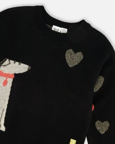 Deux Par Deux Knit Sweater With Dalmatian And Hearts In Black