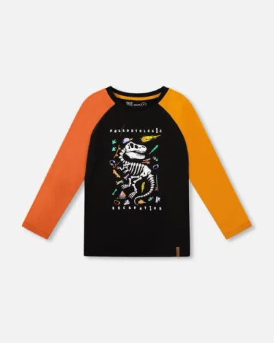 Deux Par Deux Long Sleeve Raglan T-shirt With Glow-in-the-dark Dinosaur In Multi