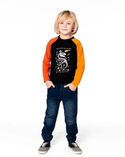 Deux Par Deux Long Sleeve Raglan T-shirt With Glow-in-the-dark Dinosaur In Multi