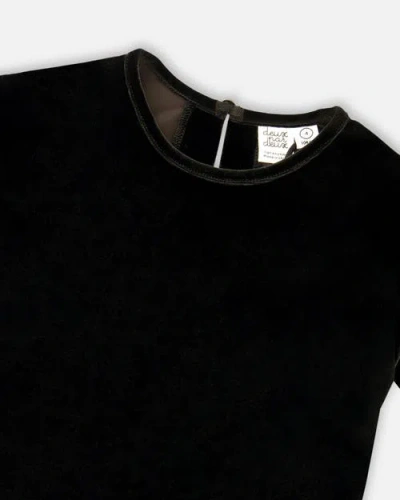 Deux Par Deux Short Sleeve Stretch Velour Top In Black
