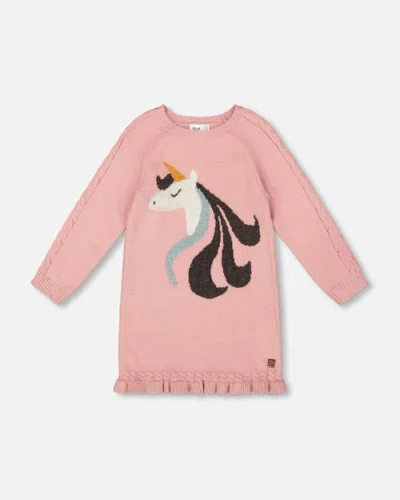 Deux Par Deux Knitted Dress With Unicorn Intarsia In Pink
