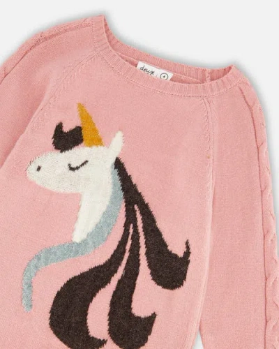Deux Par Deux Knitted Dress With Unicorn Intarsia In Pink