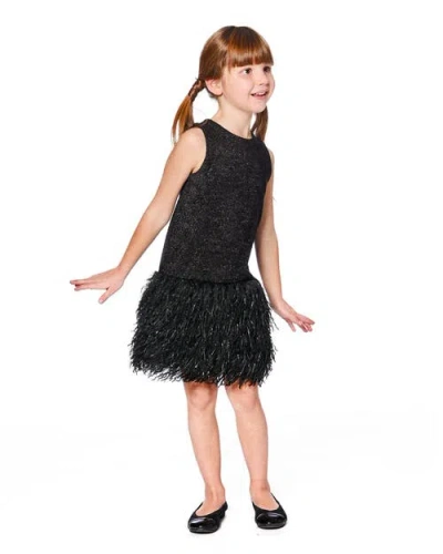 Deux Par Deux Sleeveless Bi-material Lurex Dress With Feathers In Black