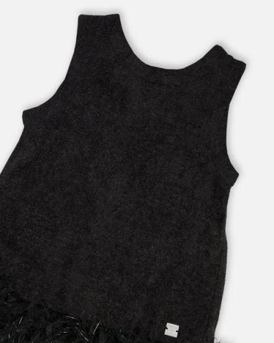 Deux Par Deux Sleeveless Bi-material Lurex Dress With Feathers In Black