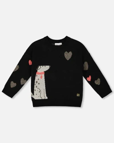 Deux Par Deux Knit Sweater With Dalmatian And Hearts In Black