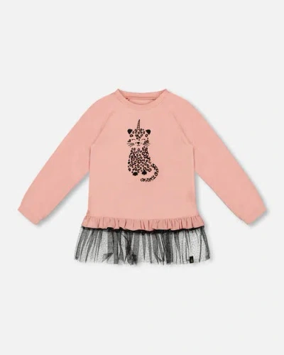 Deux Par Deux Long Bi-material Top With Mesh Ruffle Hem And Leopard In Pink