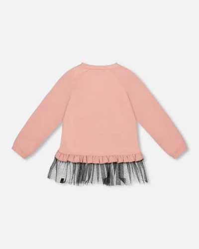 Deux Par Deux Long Bi-material Top With Mesh Ruffle Hem And Leopard In Pink