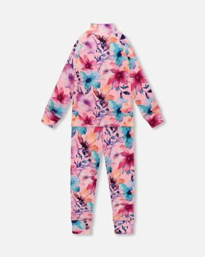 Deux Par Deux Two-piece Thermal Underwear Set Watercolor Flower In Pink
