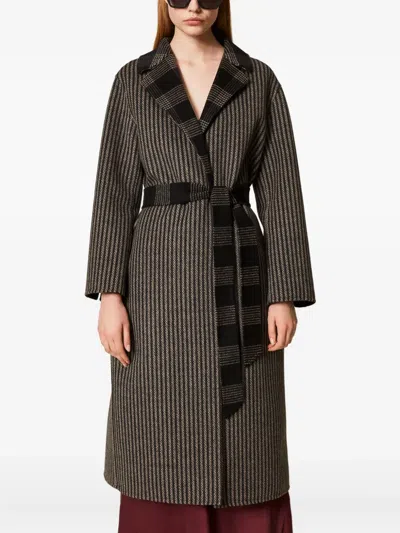Twinset Twin-set Long Checkered Wool Coat In Gray