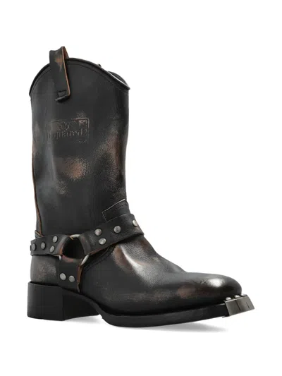 Dsquared2 Studded Leather Biker Boots In Black