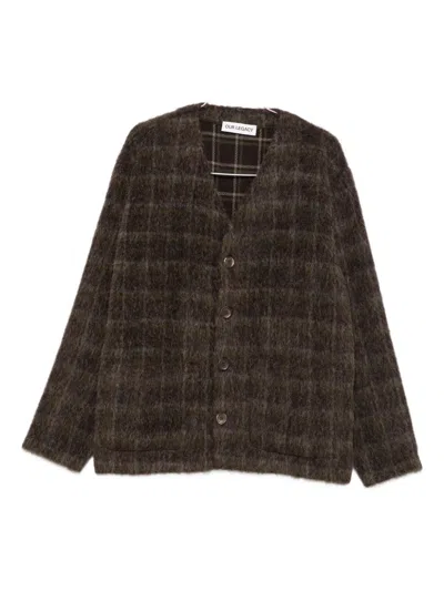 Our Legacy Embroidered Wool Blend V-neck Cardigan With Front Pockets In Brown