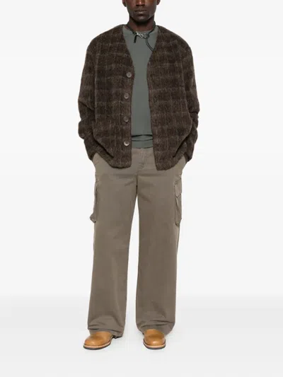 Our Legacy Embroidered Wool Blend V-neck Cardigan With Front Pockets In Brown