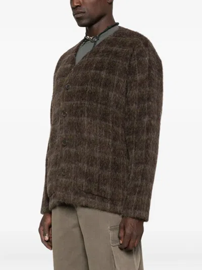 Our Legacy Embroidered Wool Blend V-neck Cardigan With Front Pockets In Brown