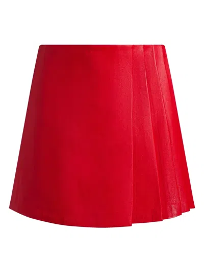 Alice And Olivia Toni Vegan Leather Asymmetrical Pleated Skirt Perfect Ruby In Red