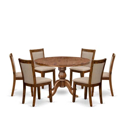 Luxe By East West Furniture 7-pc Dining Set Of A Pedestal Round Table, 6 Light Tan Fabric Dining Chairs